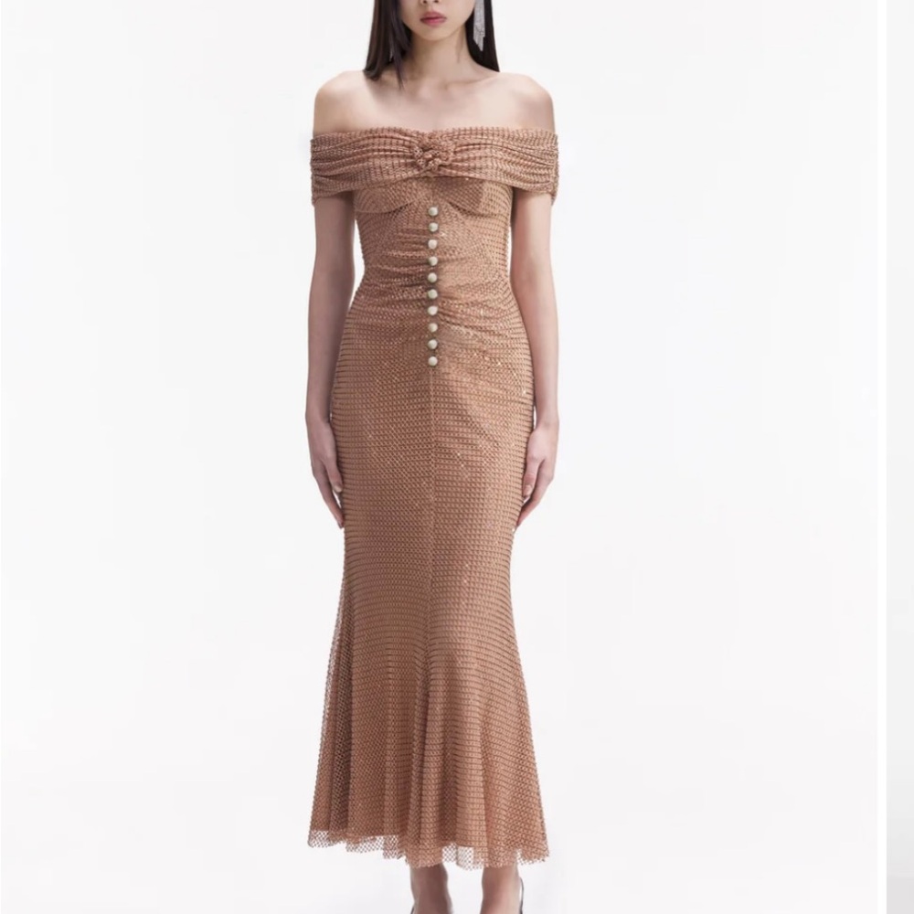 Self-Portrait Tan Off Shoulder Dress